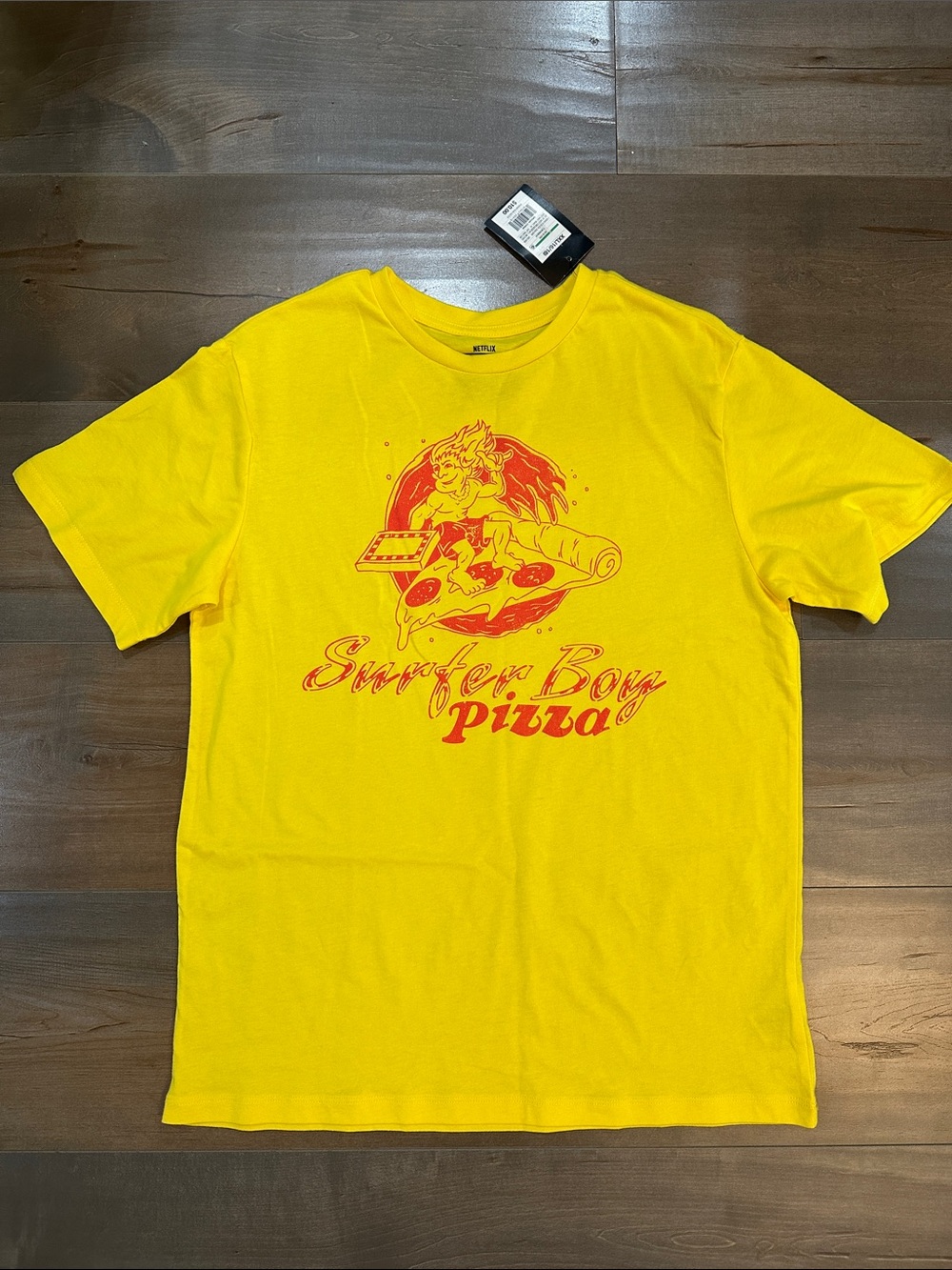 Netflix Stranger Things Yellow Tee with Red Surfer Pizza Graphic